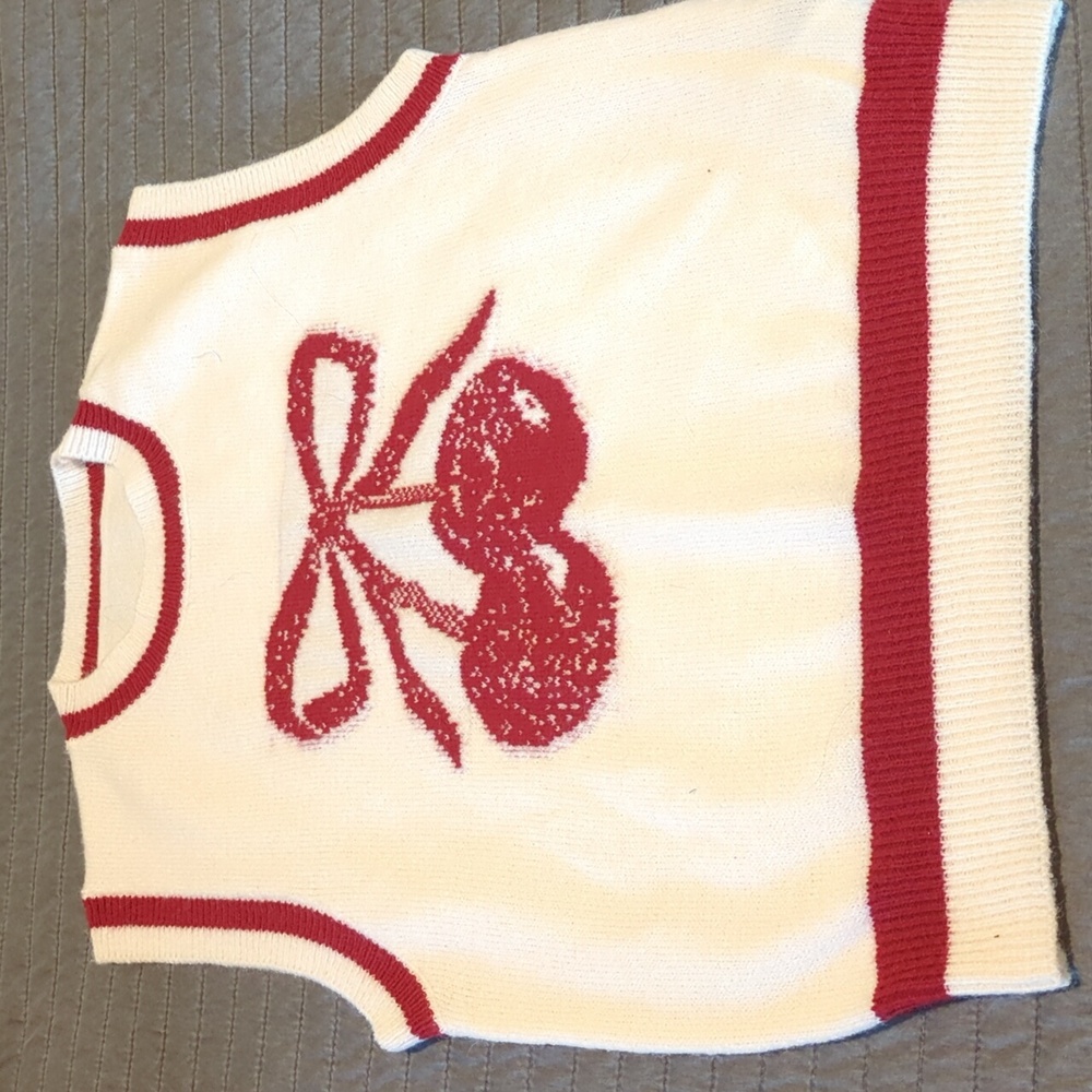 SHEIN Cream Sleeveless V-Neck Sweater Vest with Red Cherry Motif